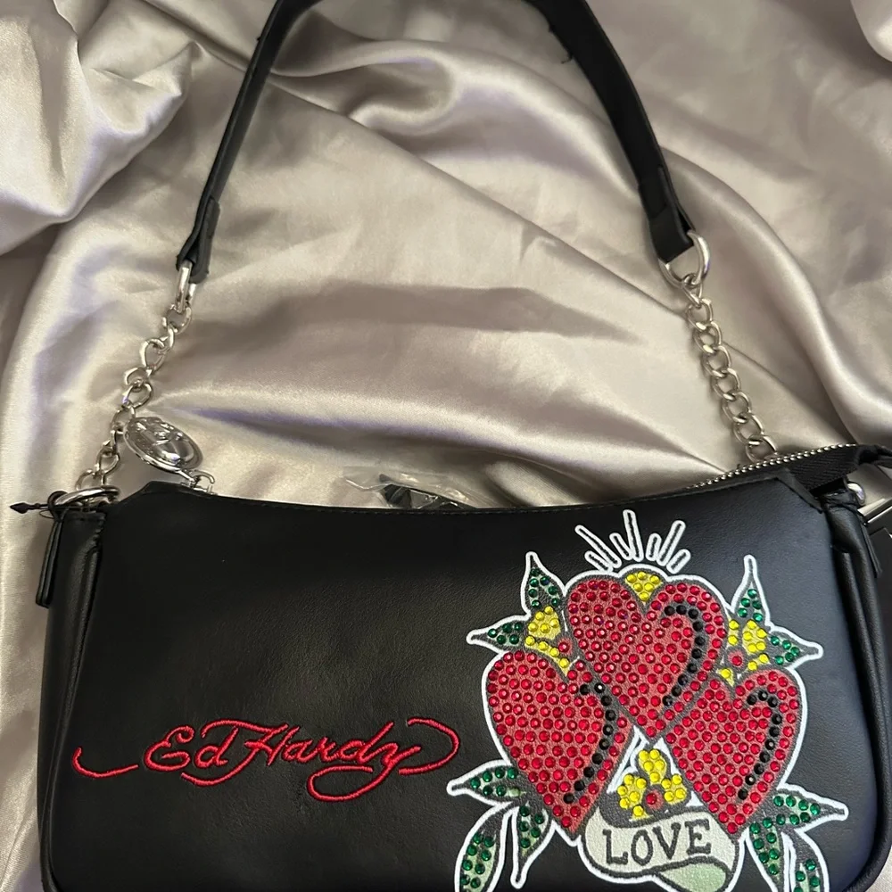 Ed Hardy Black Shoulder Bag with Red and Green Embroidery - Picture 4 of 4